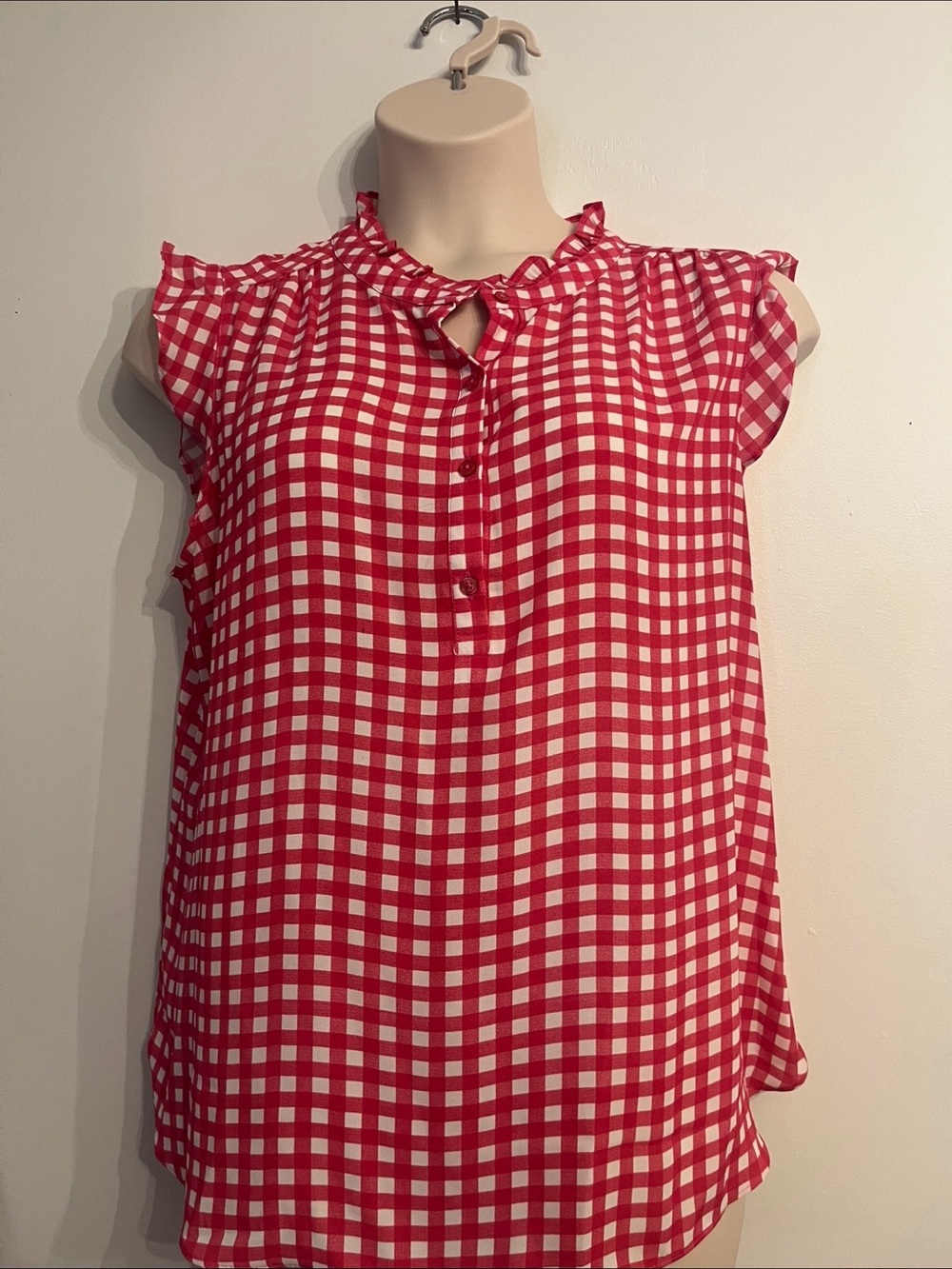 Pink and white Gingham Ruffle Neck Sleeveless Top